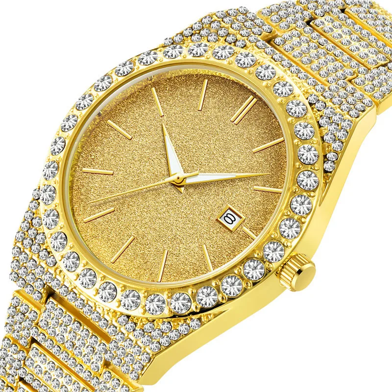 

Cool Men Hip Hop Brand Diamond Gold Calendar Quartz Watches