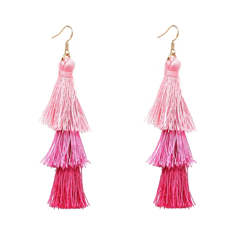 

Bulk wholesale ladies jewelry multi layer color silk thread bohemian tassel earrings, Picture