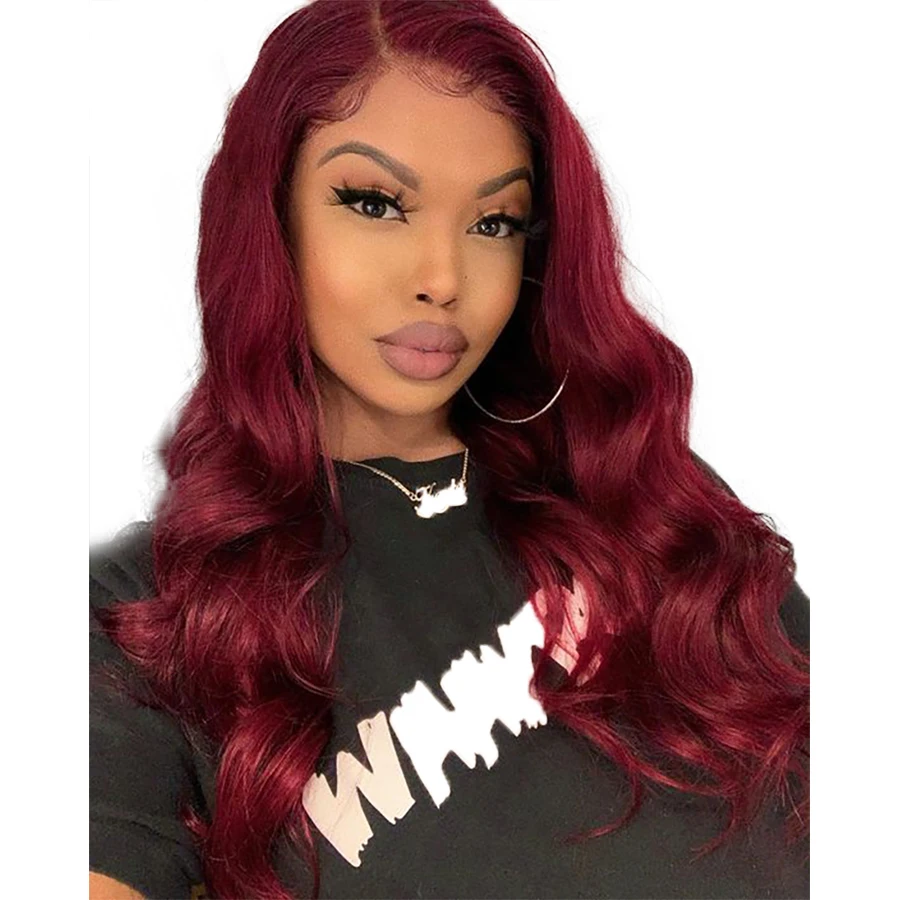 

Apple Girl Dropshipping Wholesale Humain Hair Lace Wigs Color 99J Red Body Wave Pre Plucked With Baby Hair 13x4 Lace Front Wigs