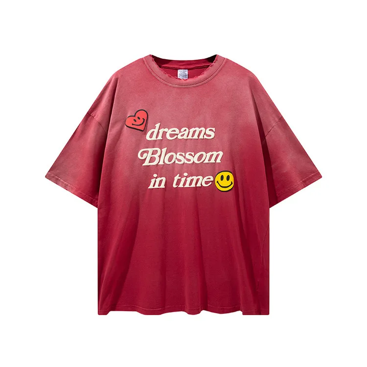 

High Street Men Puff Printing T Shirt Smiley Face Letter Print Short Sleeve T Shirts For Unisex