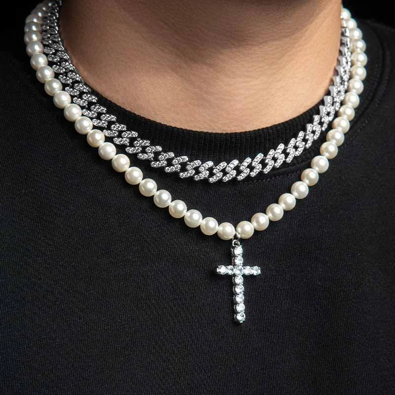 

Natural shell beads cross stitching necklace rap zircon clavicle chain hip hop stacked European and American inlaid gemstone, Picture