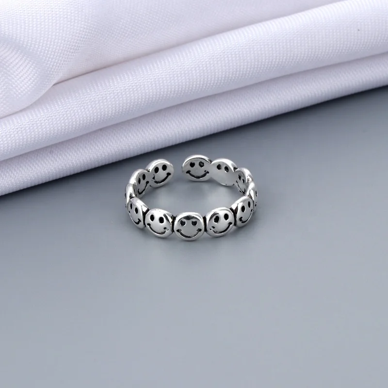 

Vintage Antique Silver Color Happy Smiling Open Face Rings For Women Punk Hip Hop Adjustable Ring Fashion Jewelry Best Gift, Customized color