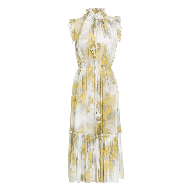 

Australia designer holiday style printed dress V-neck women's sleeveless chiffon design floral dress