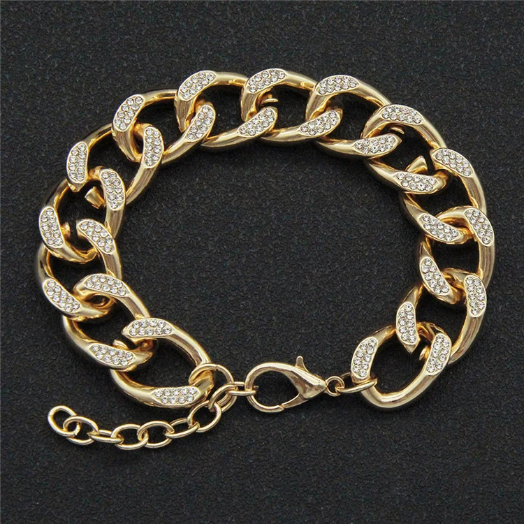 

European and American full diamond hip hop Cuban chain bracelet bracelet for men and women couples alloy trend bracelet