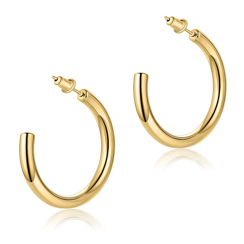 

Dainty minimalist round hollow huggie piercing arete gold colored C shape earring statement lightweight chunky open hoop earring, As photo