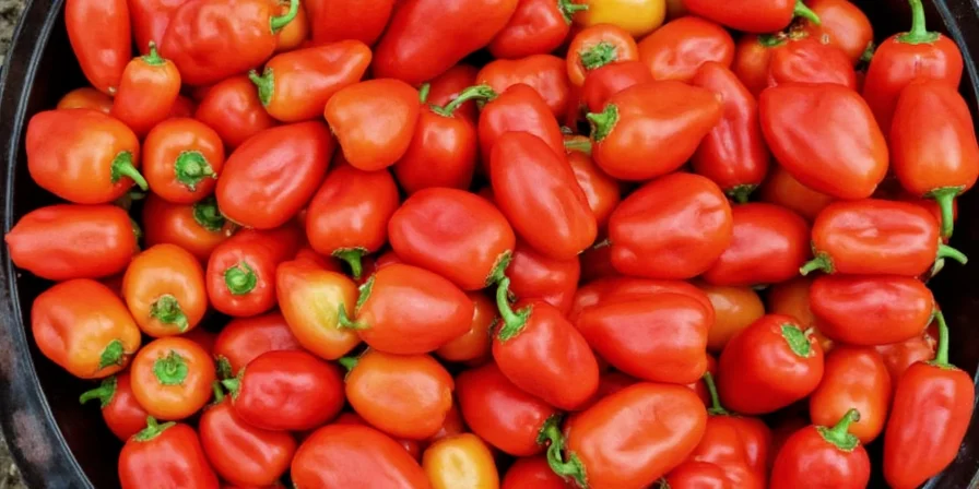 Scotch bonnet peppers in orange, red, and yellow tones.