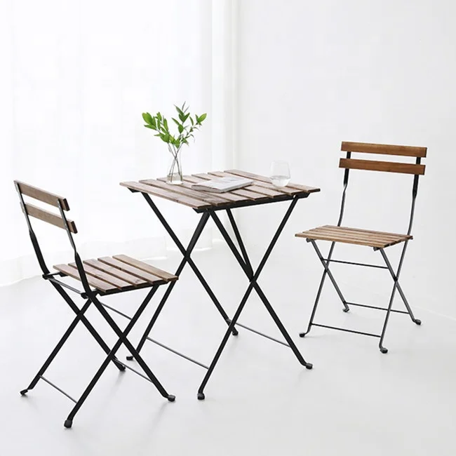 Outdoor Metal Frame Acacia Wood 3pcs Bistro Garden Set Folding Garden