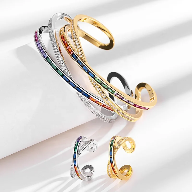 Fashion cuff bracelet simple style colored stones AAA zircon jewelry bangle ring set 18k gold jewelry set