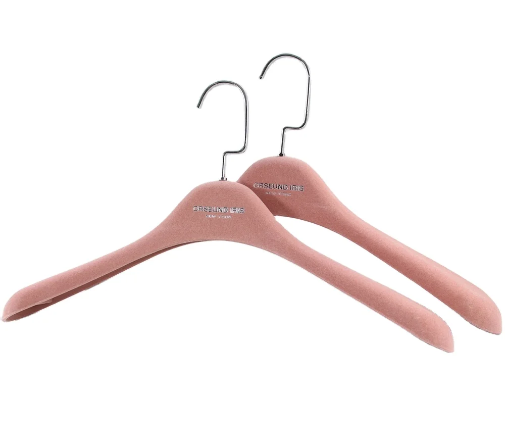 

Amazon bestseller 2021 heavy duty wide shoulder coat hanger for clothes plastic material flocking velvet hanger, Pink or grey