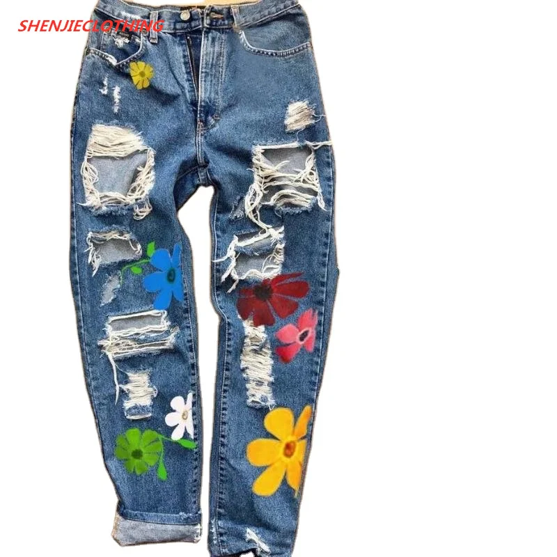 

2022 Fashion Wholesale Women Jeans Ripped Hollow Out Sunflower Print Long Pants Plus Size Available, Picture color