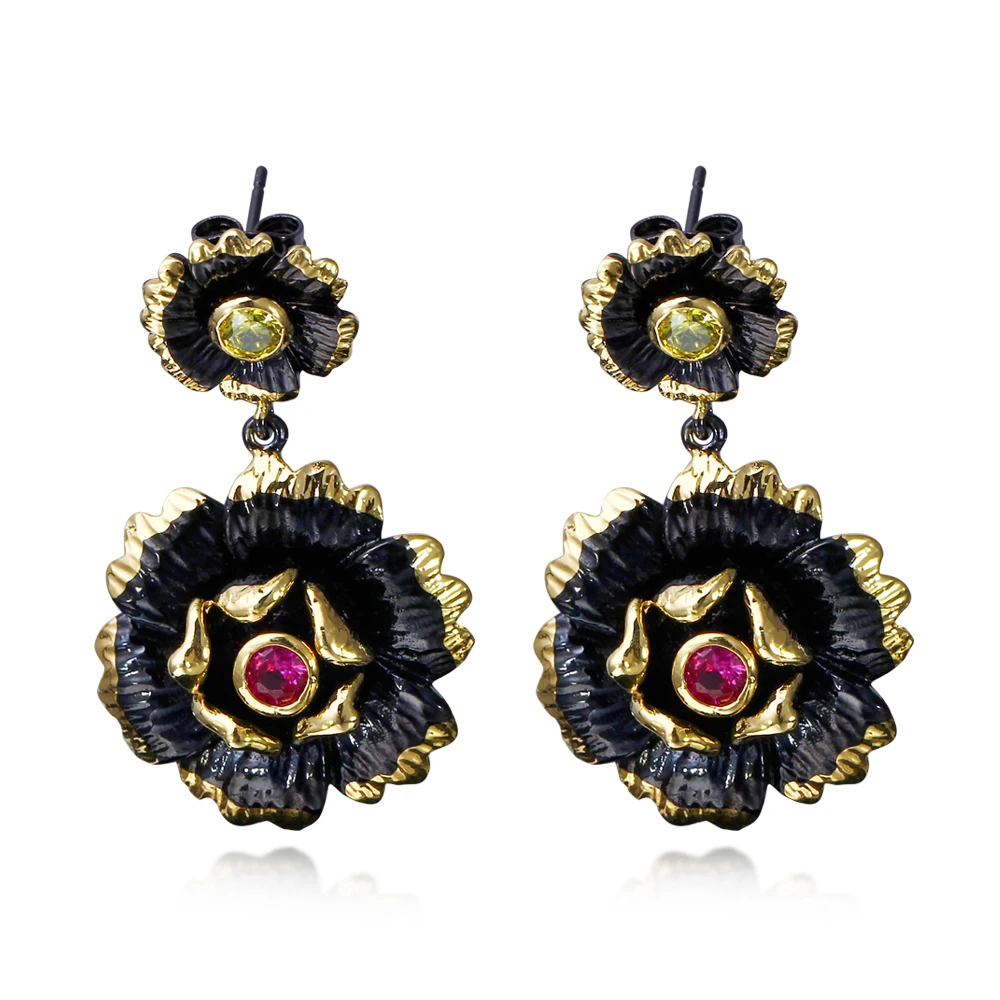 

Wholesales Women Black Gold Plated Vintage Rose Pendant Earrings Aretes Fashion Jewelry