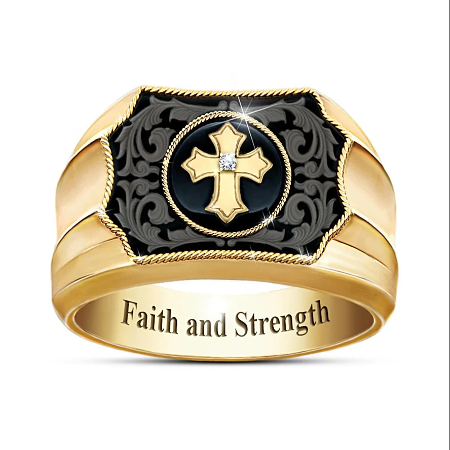 

18k gold black agate cross faith and power men personalized jewelry ring