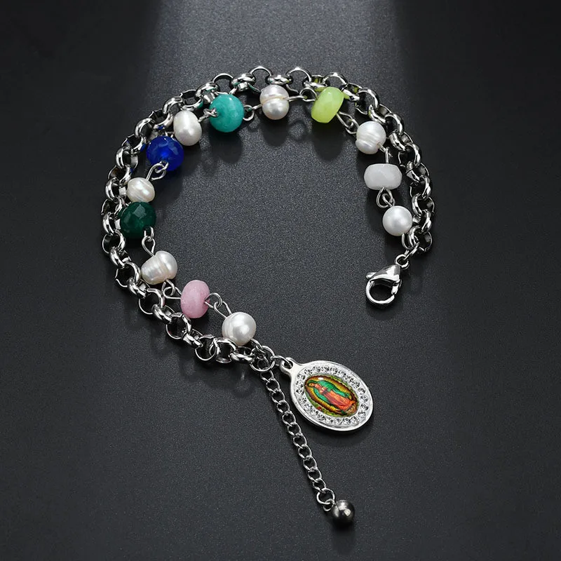 

2020 Hot Sale Oval Stainless Steel Colorful Virgin Mary Pendant Double Layer Beaded Bracelet with Pearl For Elegant Girls, As picture