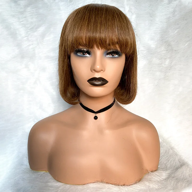 

Factory wholesale Hand woven top heart 4/30 brown bob short straight hair real human hair wig headgear