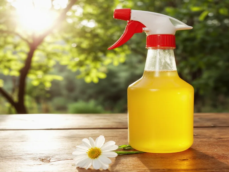 Homemade fly repellent spray bottle on wooden table