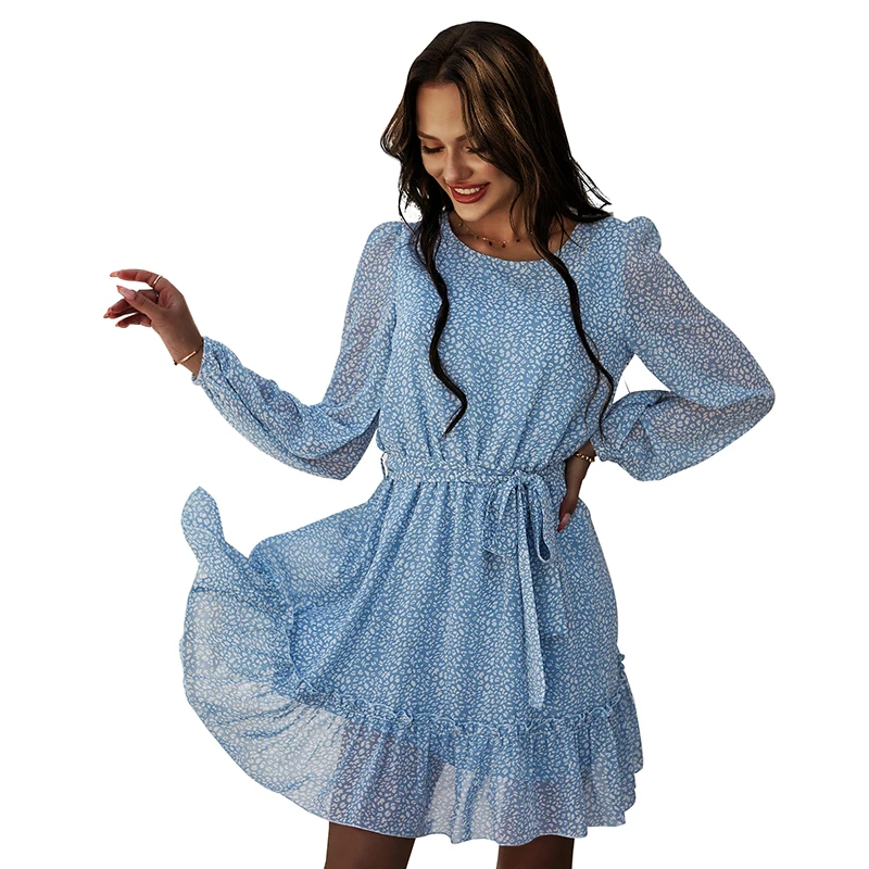 

Vintage Dress Midi Plus Size Long Sleeve Ruffled Dress Belted Women's Casual Dress