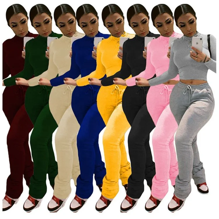 

Fall Winter Casual Long Sleeve Joggers Sweatpants Women Stacked Two Piece Pants Set, Multiple colors to choose