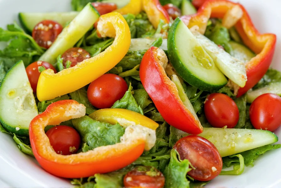 Colorful salad with sliced bell peppers, cherry tomatoes, cucumber, and mixed greens drizzled with olive oil