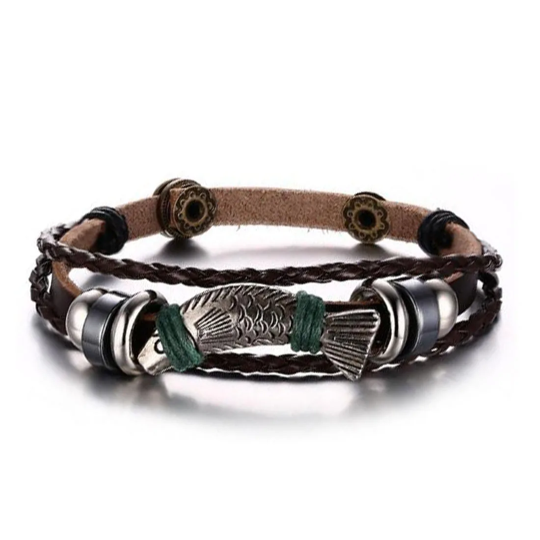 

BRJSF00082 Triple Layer Retro Mens PU Leather Silver Fish Charm Button Clasp Wrist Band Bracelet for Women