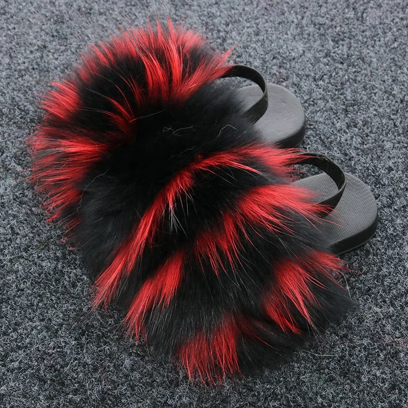 

Popular KIDS Fox Fur Sandals Real Furry Fur slippers Beach Flat Sandals For Girls, Single color