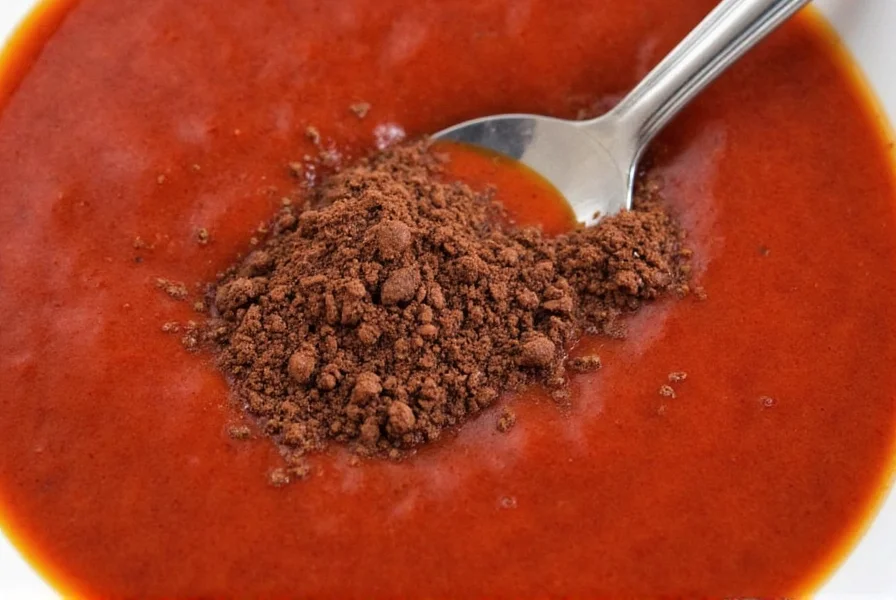 Chef stirring pot of chili with cocoa powder being added during the simmering stage