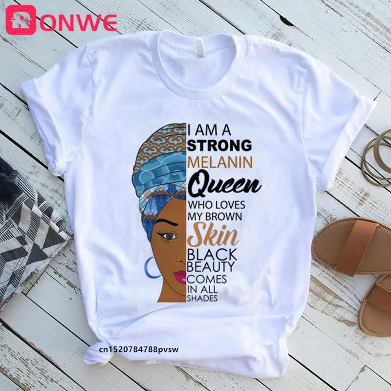 

I Am A Strong Melanin Queen t shirt Women Clothes African Black Girl History Month Female T-shirt Melanin Tee Shirt,Drop Ship, White