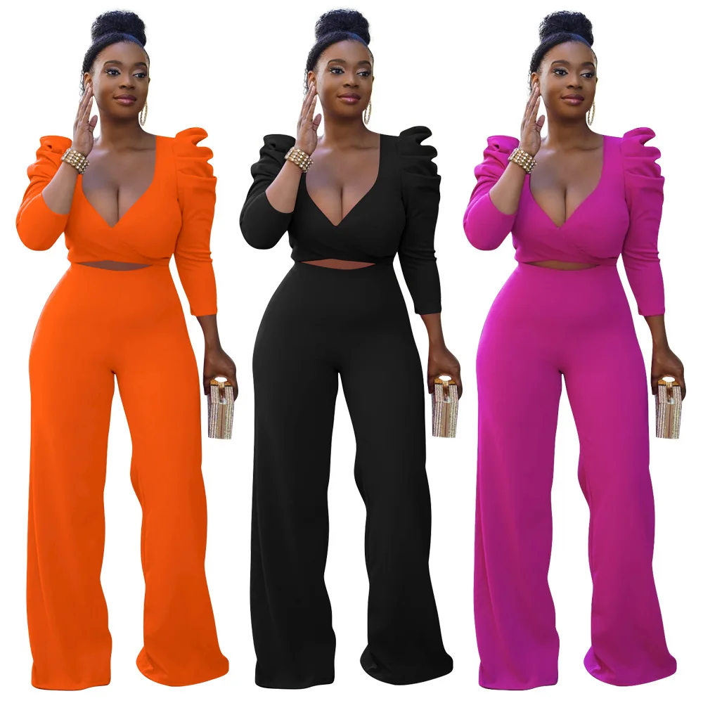 

Autumn Clothes For Women Fashion Solid Color Puff Sleeve Sexy V Neck Bandage Two Piece Matching Sets Pants, Picture color