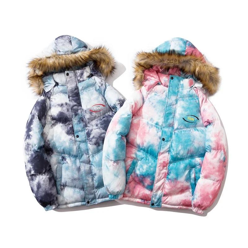 

2021 high quality custom tie dye print casual winter mens puffer jacket with hood for men