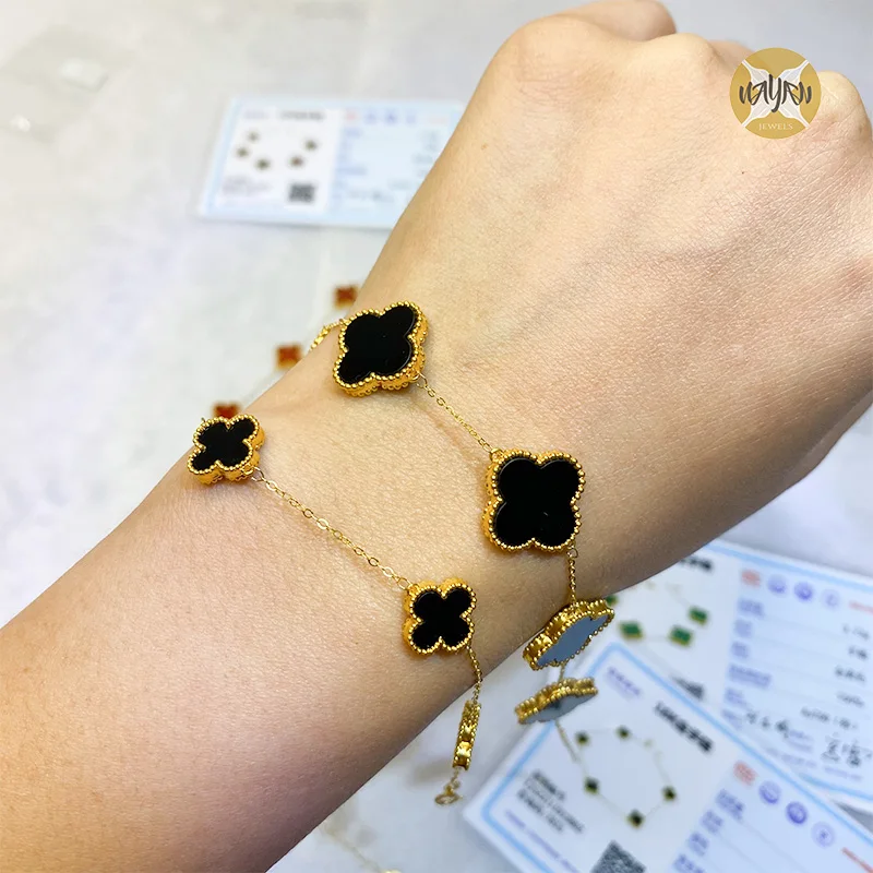 

10mm Luxury Fashion AU750 Pure Solid 18K Gold Four Leaf Clover Bracelet, Yellow gold with natural stones
