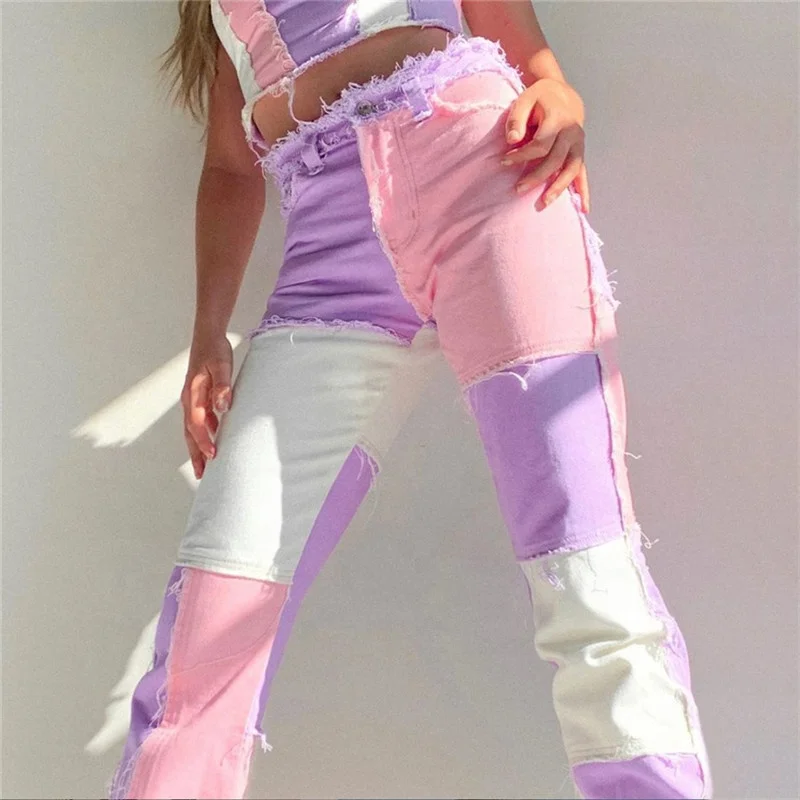 

Women's new fr high-waist purple and pink white matching slim street fashion Button Fly With Patches gents scratch jeans pant, As picture or customized make