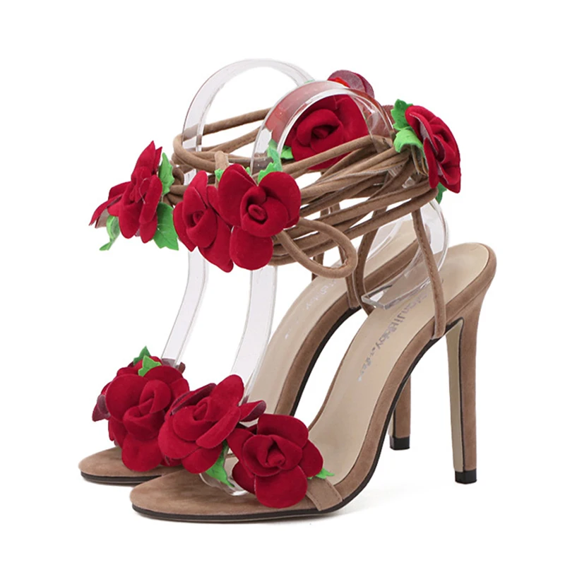 

Women's sandals red rose flower cross lace up high heel shoes wedges shoes ladies heeled sandals
