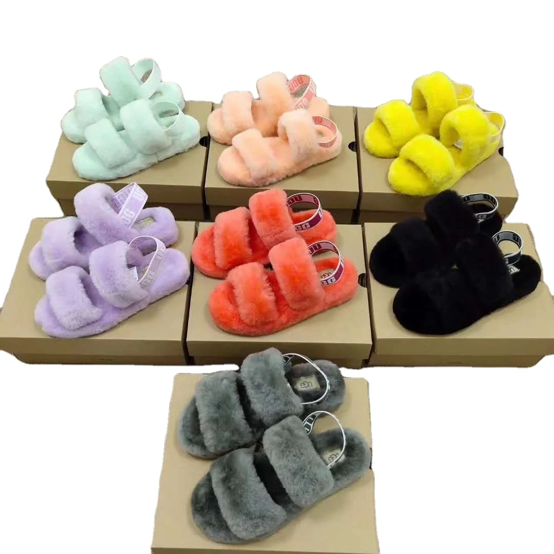 

High Quality Uggging popular Women's Fluff Yeah Slide Slippers Custom Logo, Black/pink/grey/blue/red/yellow/purple