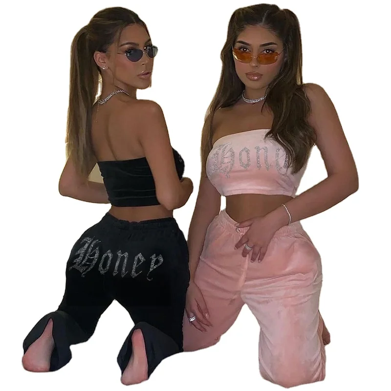 

New 2021 Summer Rhinestone Letter Tube Two Piece Set Women Clothing Womens Outfits Velvet Two Piece Pants Set