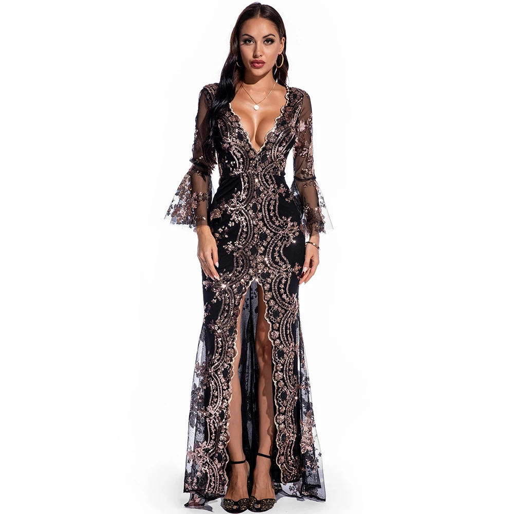 

Retro Sexy Backless V-neck Sequin High Slit Evening Prom Formal Long Female Summer Casual Dresses