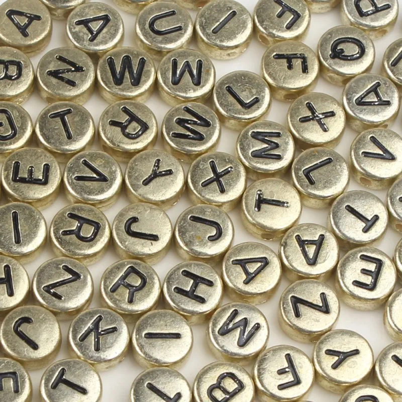 4*7mm 100pcs Gold Mixed Acrylic Beads Round Flat Alphabet Loose Spacer