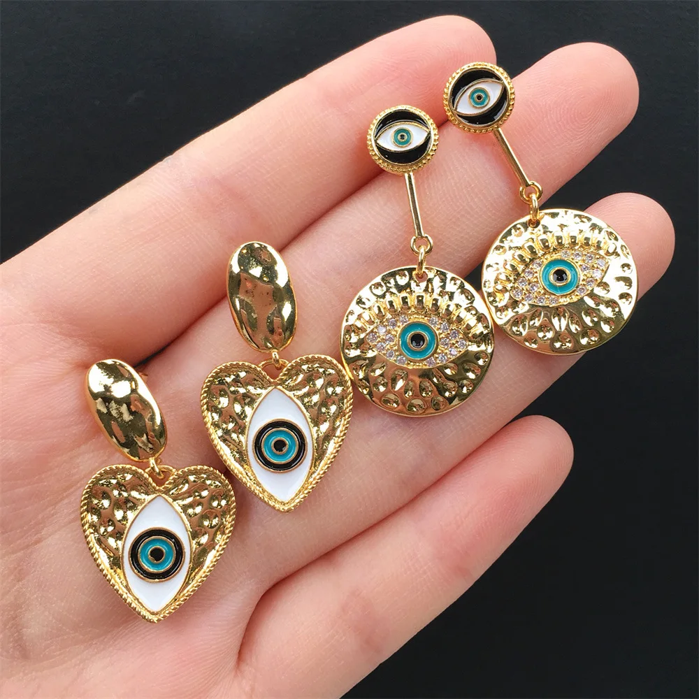 

Newest Arrival 18K Gold Evil Eyes Heart Shape Drop Earrings Uneven Geometric Enamel Devil Eye Earrings