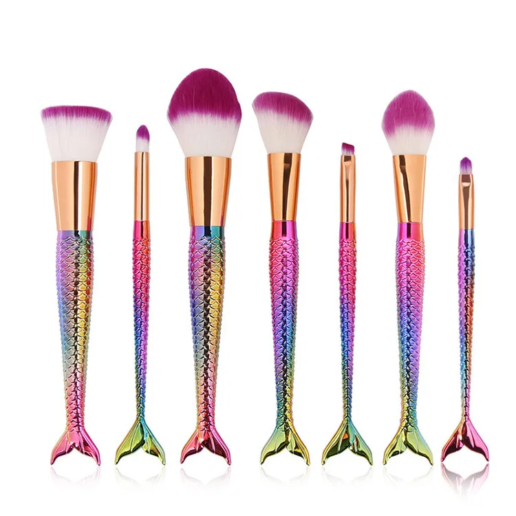 

Professional Gold 7pcs Mermaid Makeup Brushes and Foundation Blush Blending Rainbow Fishtail Makeup Brush Set, Gold,blue