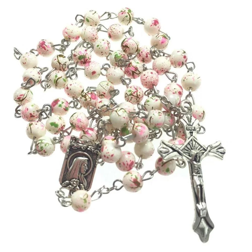 

6mm glass bead patterned rosary necklace catholic rosario, White/pink/green