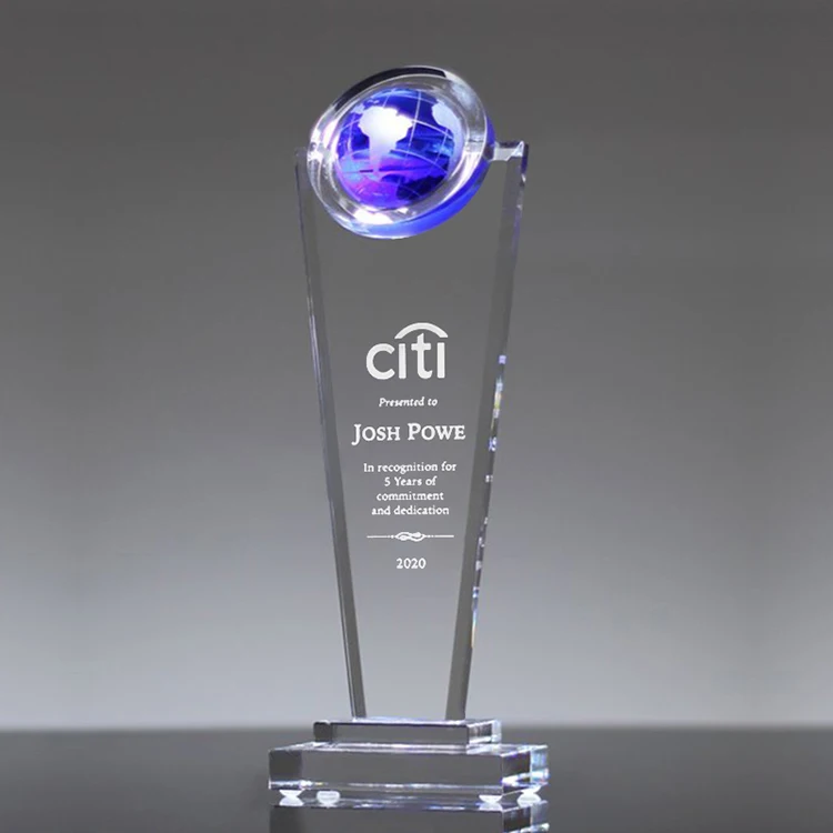 
blue earth awards crystal globe trophies with Custom Logo 
