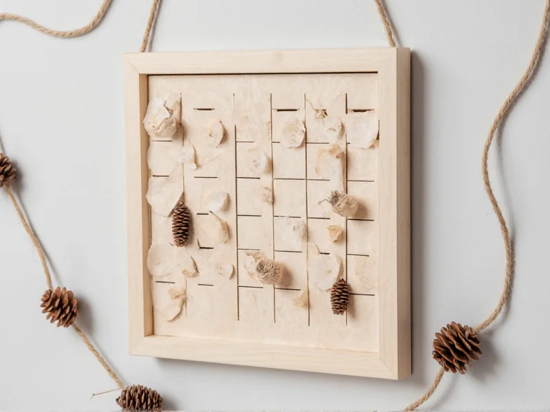 Wooden block advent calendar hanging with natural twine and pinecones