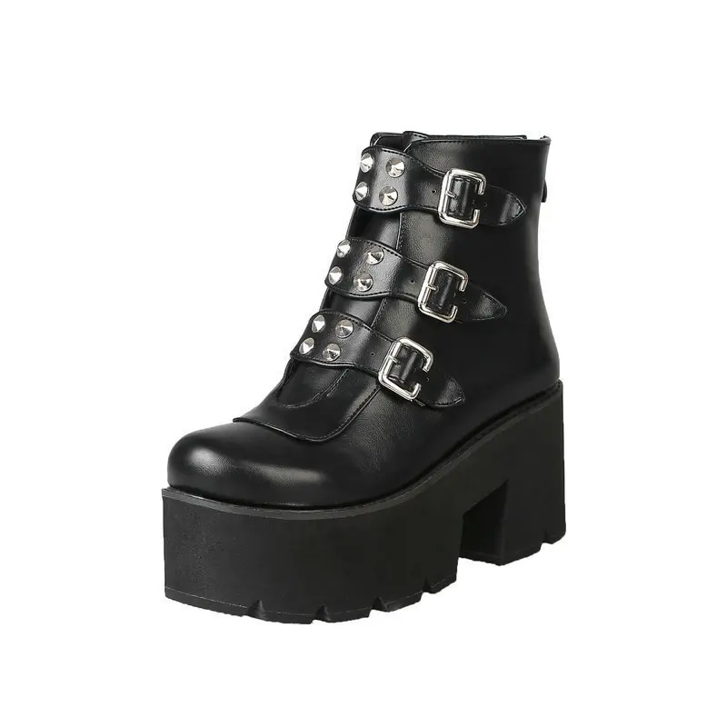 

Fashion Street Ladies Motorcycle Boots Solid Color Round Head Waterproof Platform Belt Buckle Rivet Zipper Women Boots 2021
