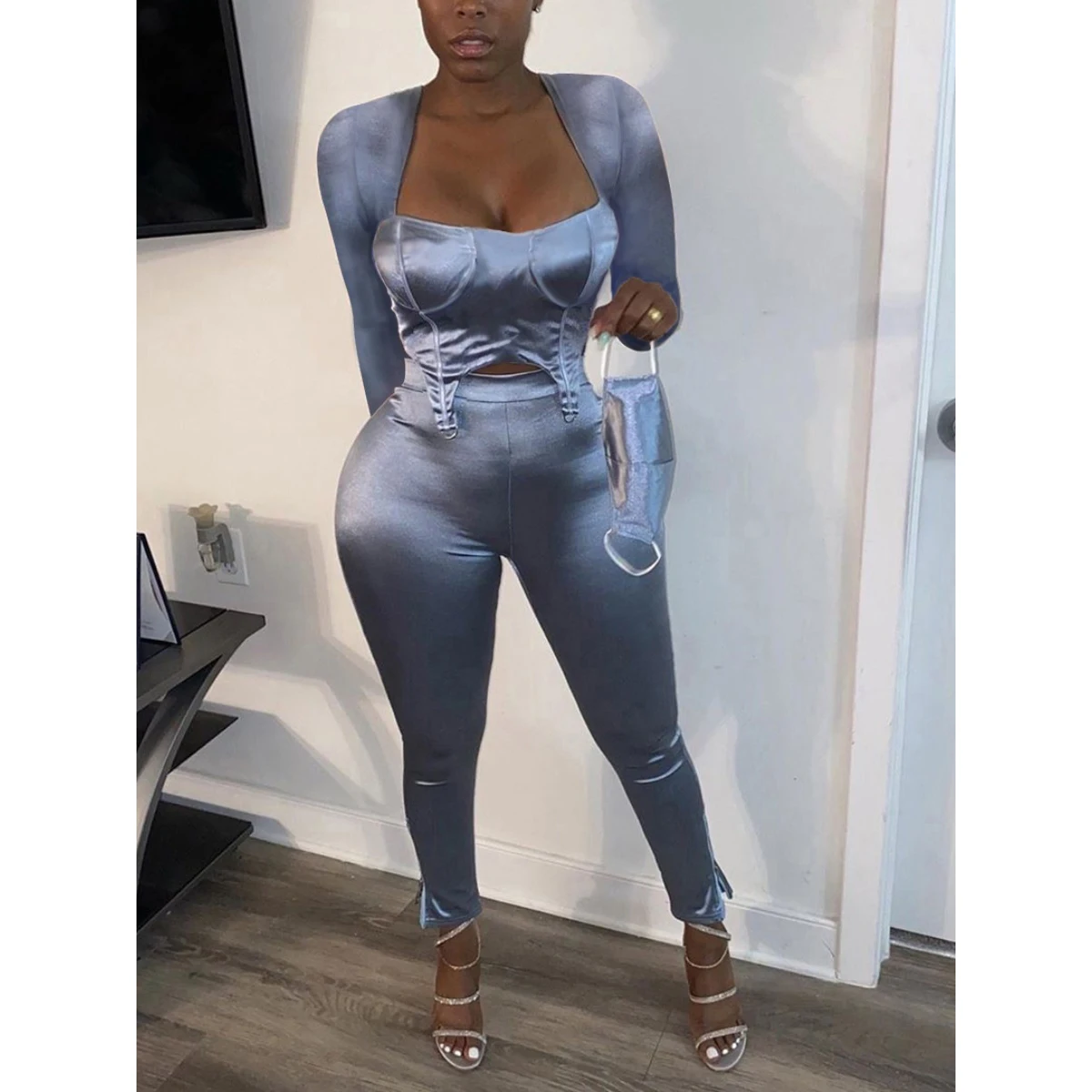 

Plus-size sexy fashion women's wear women's long-sleeved trousers solid color two piece set
