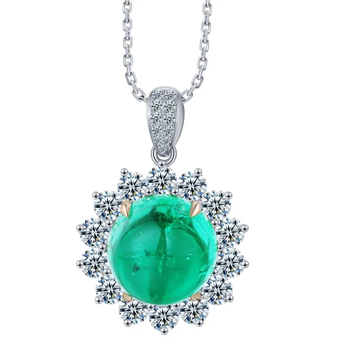 

Anster Flower Design Zircon Setting 4.78ct Emerald S925 Silver 9K Gold Necklace, Closed to natural columbian muzo green