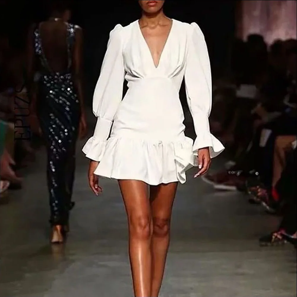 

Women long sleeve deep v neck white mini dress fashion empire waist slim party dress