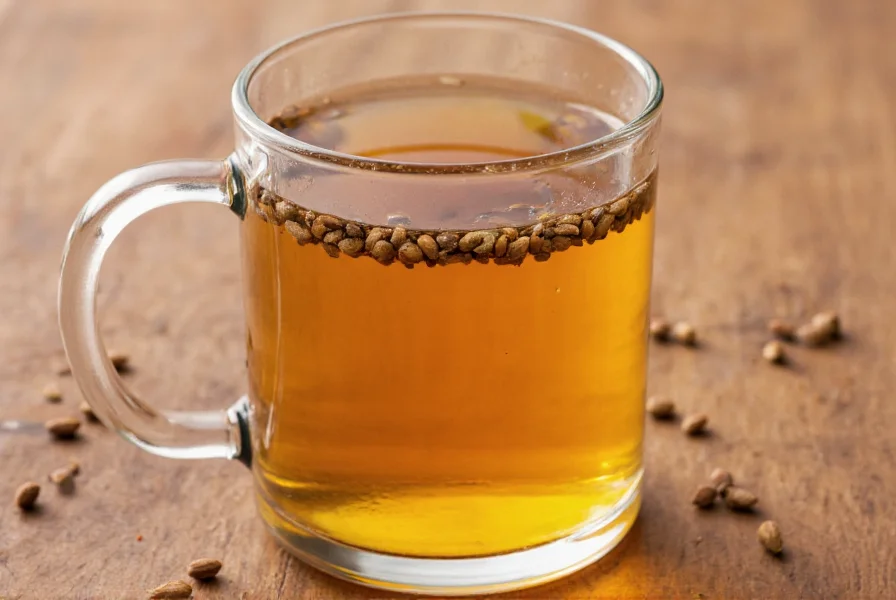 Glass mug of golden cumin tea with cumin seeds floating, placed on wooden table