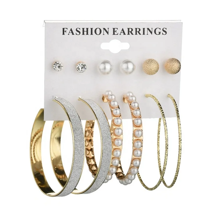 

New fashion pearl hoop earrings 6 pairs plate frosted earring set with rhinestone, Picture shows