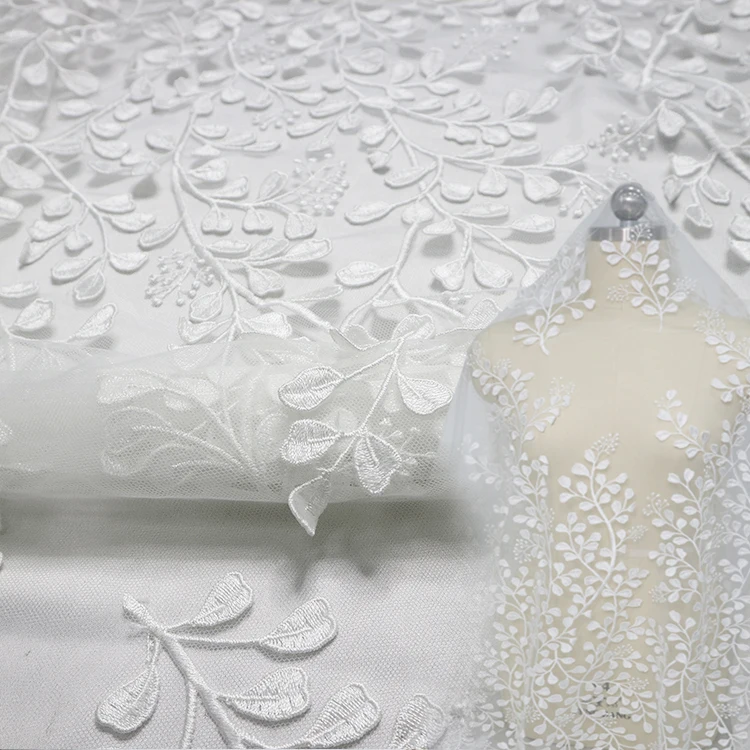 

3D Leaves White Korea Embroidery quality Mesh bridal Tulle Heavy African Voile Swiss African Lace Fabric