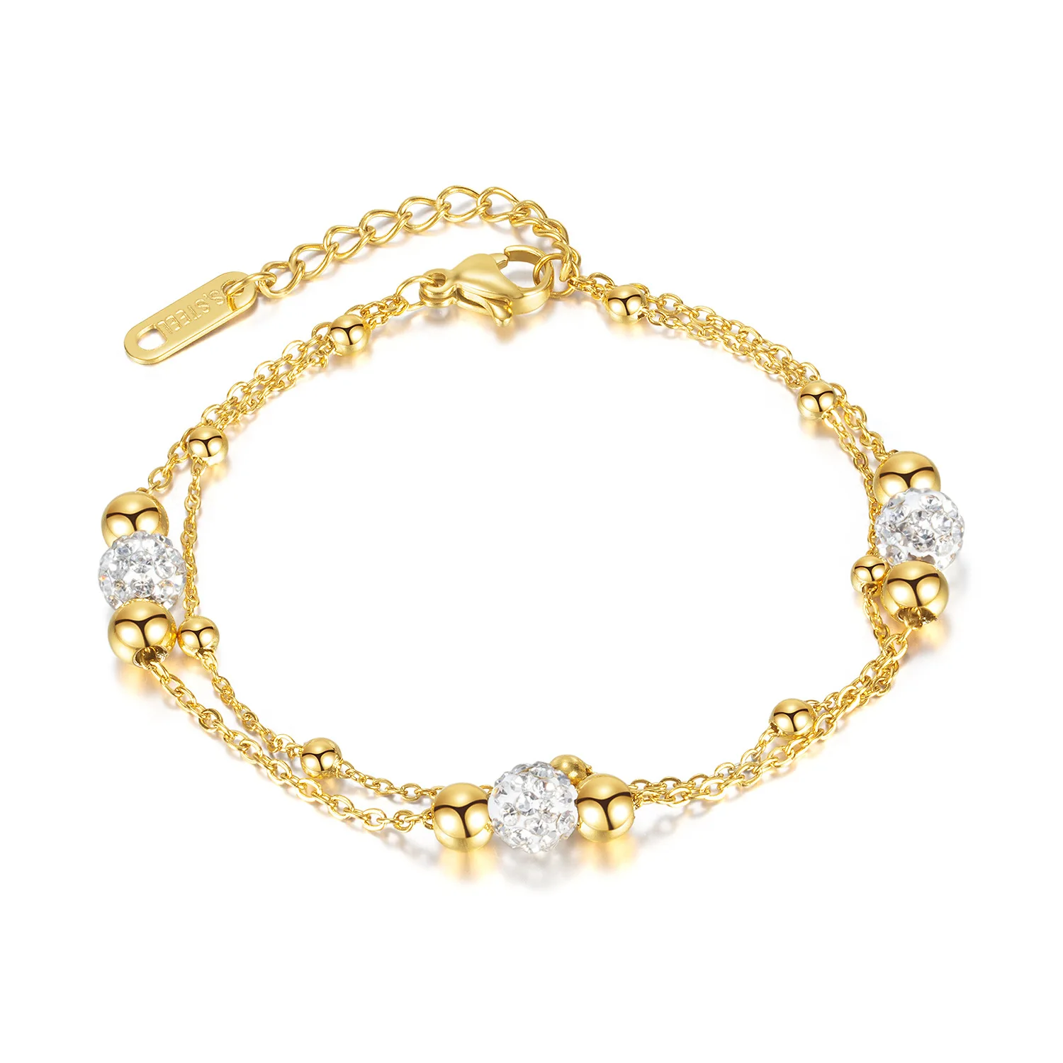 

Stocks Selling 18K Gold Plated Stainless Steel Jewelry Layer Shambhala Round Beads Bracelet Trendy Layer Chains Bracelet