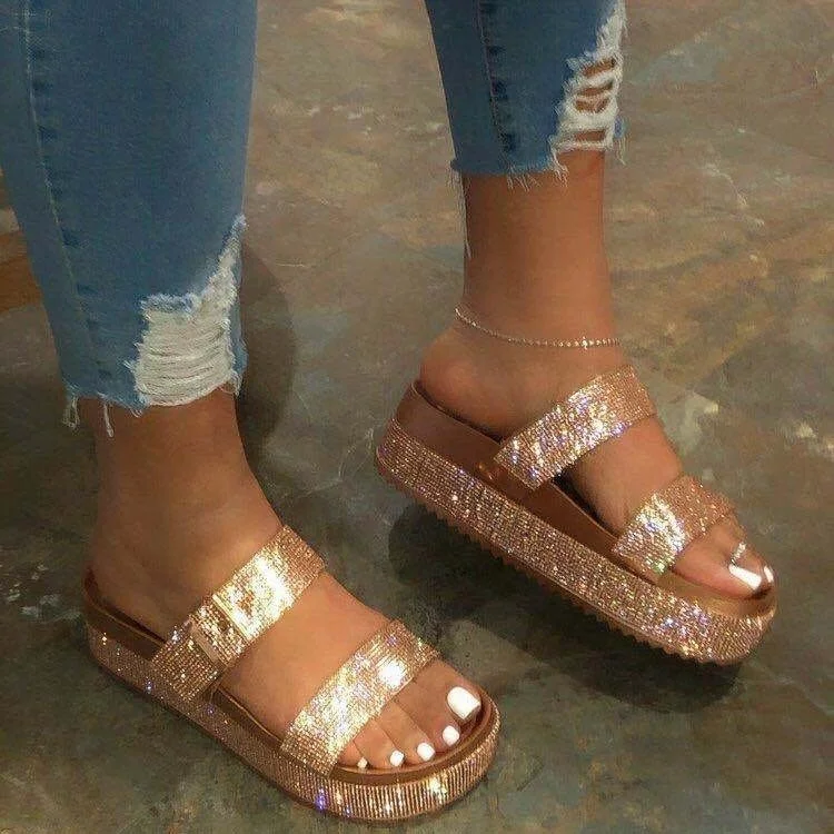 

Newest ladies glitter sandals sparkle sandals slippers rhinestone slippers platform slides for women, 2 color options