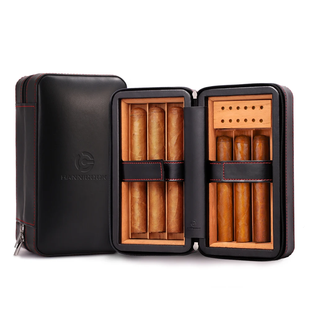 

Cedar Wood Cigar Humidor Travel Portable Leather Cigar Case, Cigars Box,Humidifier Humidor Box, Black, brown